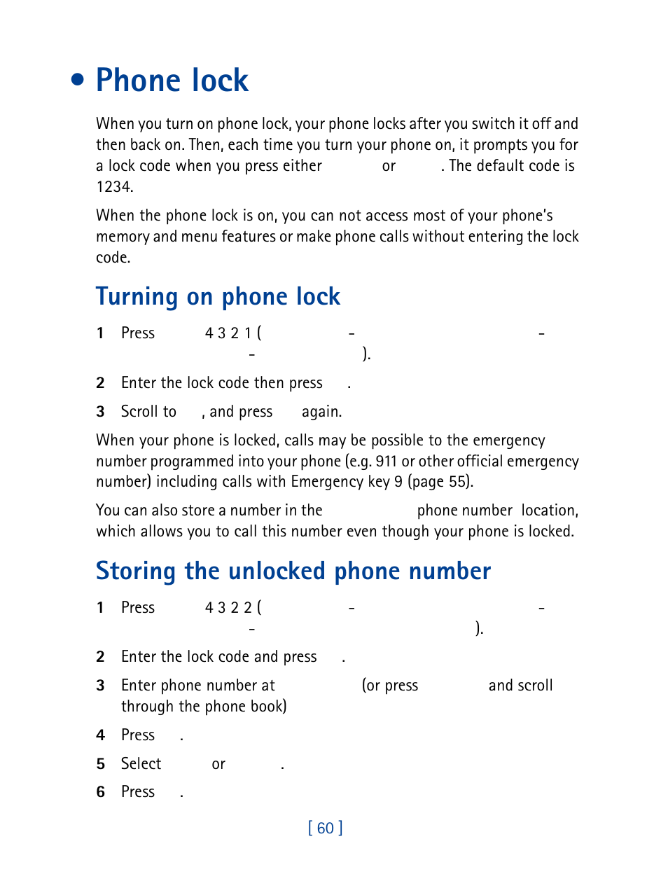 Phone lock, Turning on phone lock, Storing the unlocked phone number | Nokia 8860 User Manual | Page 65 / 113