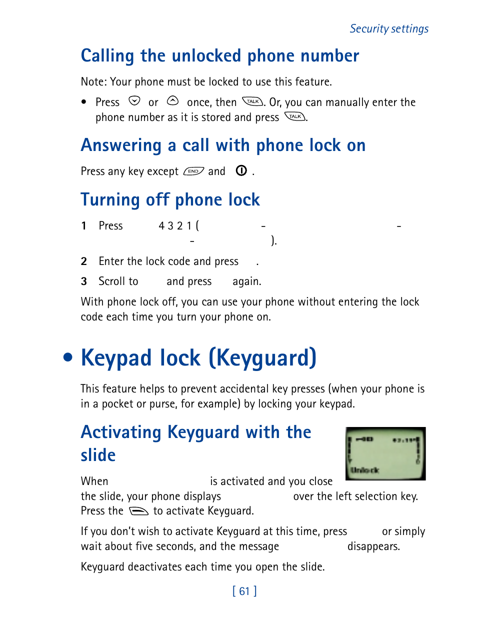 Keypad lock (keyguard), Calling the unlocked phone number, Answering a call with phone lock on | Turning off phone lock, Activating keyguard with the slide | Nokia 8860 User Manual | Page 66 / 113