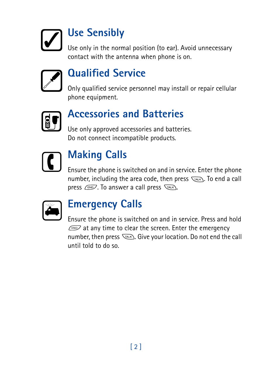 Use sensibly, Qualified service, Accessories and batteries | Making calls, Emergency calls | Nokia 8860 User Manual | Page 7 / 113