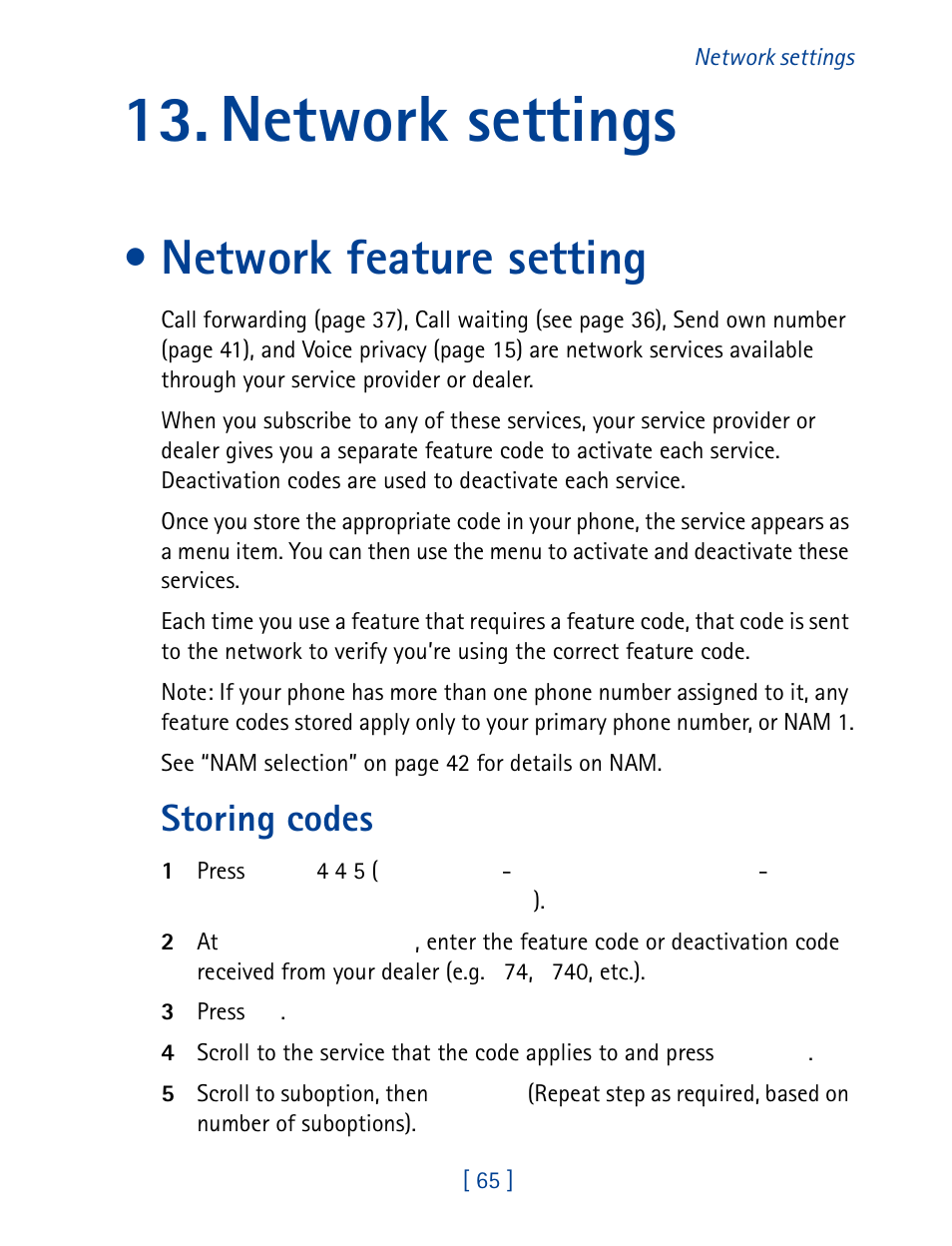 Network settings, Network feature setting, Storing codes | Nokia 8860 User Manual | Page 70 / 113