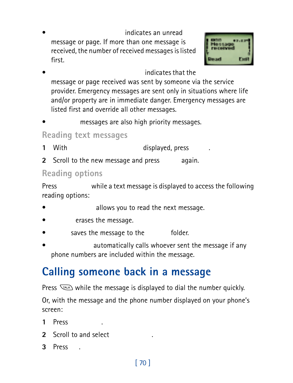 Calling someone back in a message, Reading text messages, Reading options | Nokia 8860 User Manual | Page 75 / 113