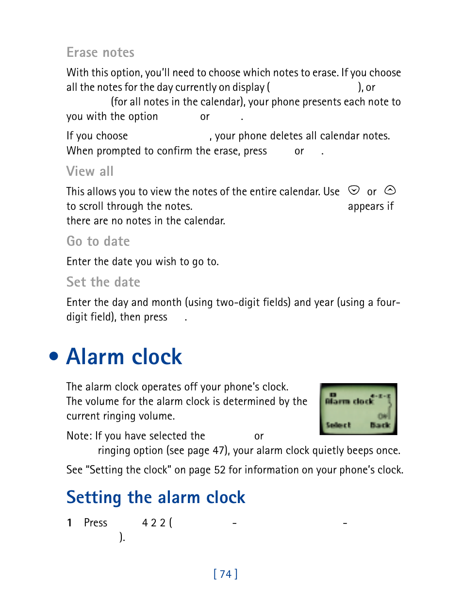 Alarm clock, Setting the alarm clock, View all | Go to date, Set the date | Nokia 8860 User Manual | Page 79 / 113