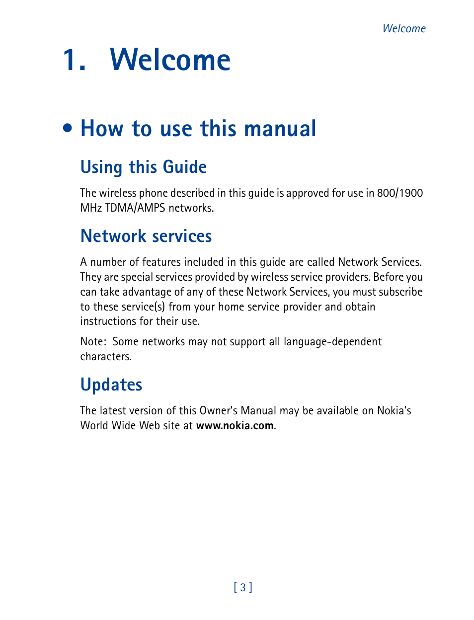 Welcome, How to use this manual, Using this guide | Network services, Updates | Nokia 8860 User Manual | Page 8 / 113
