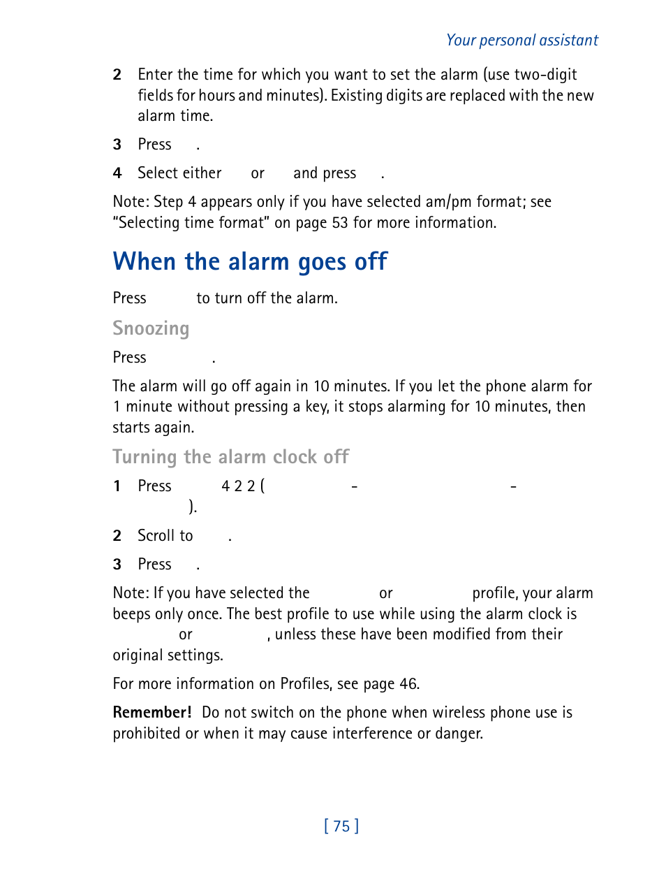 When the alarm goes off, Snoozing, Turning the alarm clock off | Nokia 8860 User Manual | Page 80 / 113