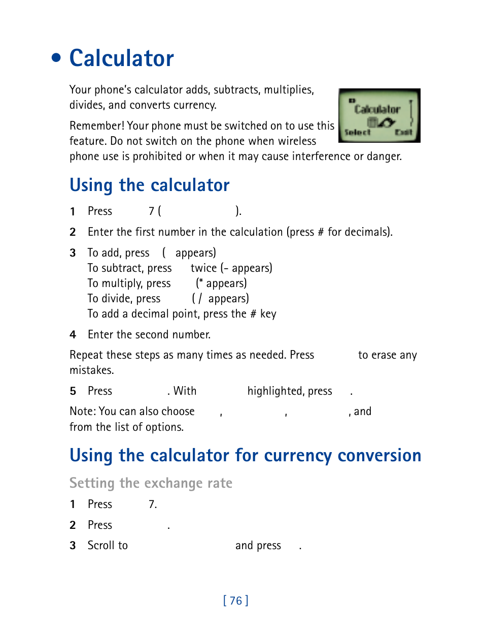 Calculator, Using the calculator, Using the calculator for currency conversion | Setting the exchange rate | Nokia 8860 User Manual | Page 81 / 113