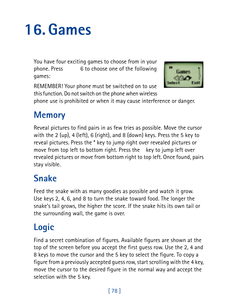 Games, Snake, Logic | Nokia 8860 User Manual | Page 83 / 113