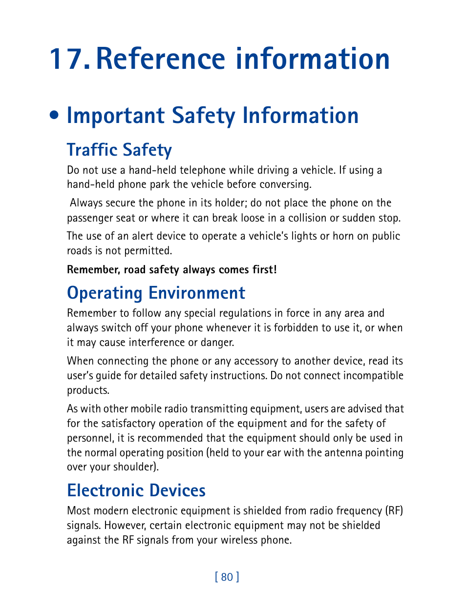 Reference information, Important safety information, Traffic safety | Operating environment, Electronic devices | Nokia 8860 User Manual | Page 85 / 113