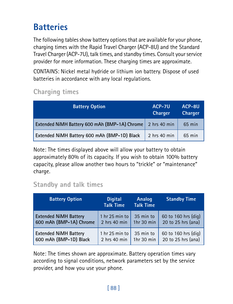 Batteries, Charging times, Standby and talk times | Nokia 8860 User Manual | Page 93 / 113