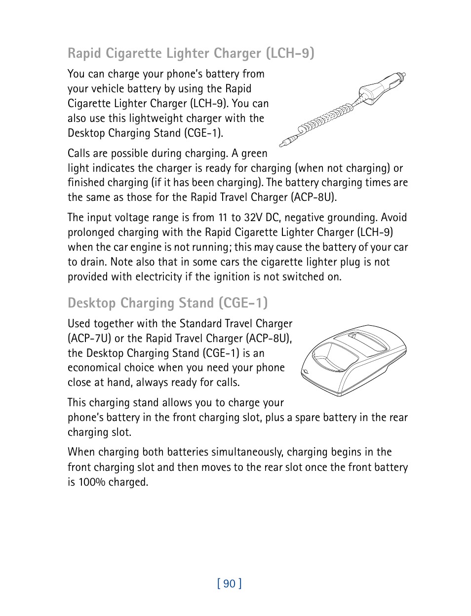 Rapid cigarette lighter charger (lch-9), Desktop charging stand (cge-1) | Nokia 8860 User Manual | Page 95 / 113