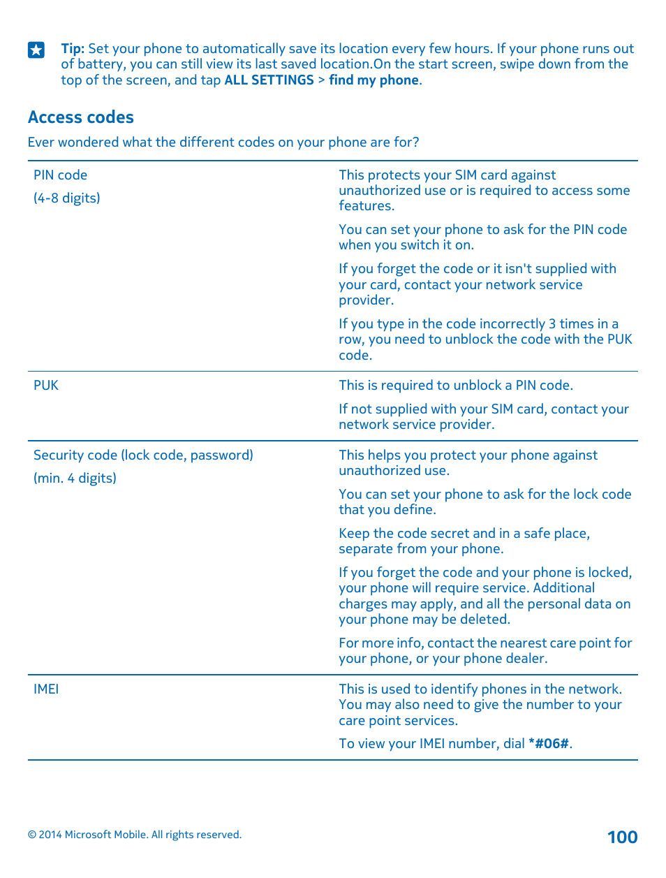 Access codes | Nokia Lumia 530 User Manual | Page 100 / 106