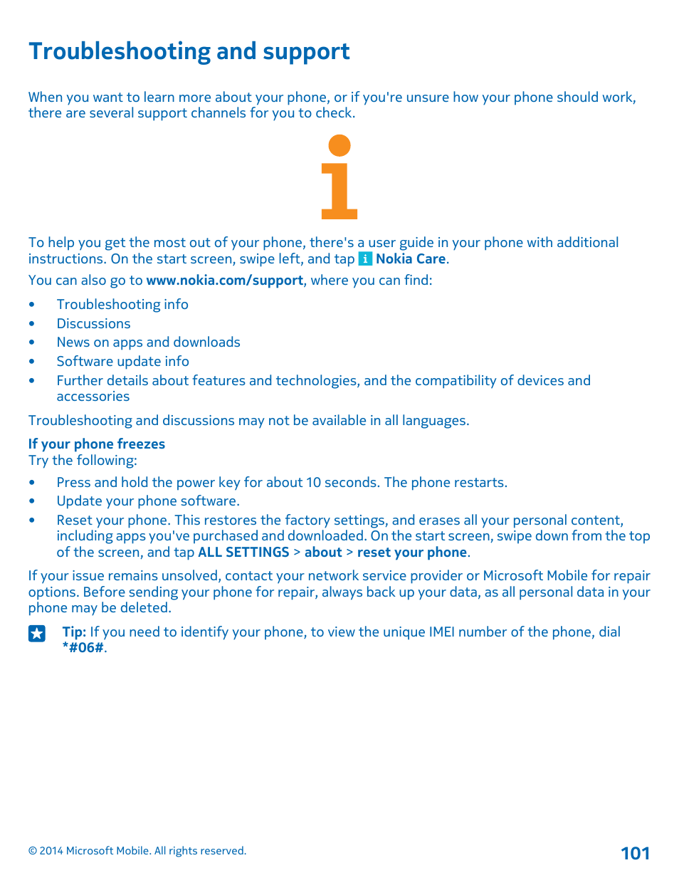 Troubleshooting and support | Nokia Lumia 530 User Manual | Page 101 / 106