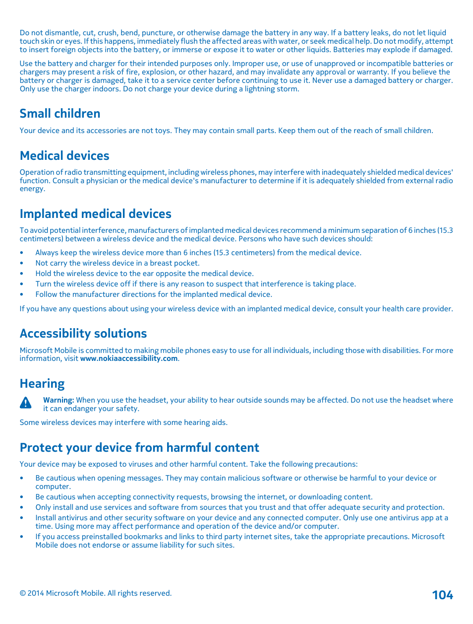 Small children, Medical devices, Implanted medical devices | Accessibility solutions, Hearing, Protect your device from harmful content | Nokia Lumia 530 User Manual | Page 104 / 106