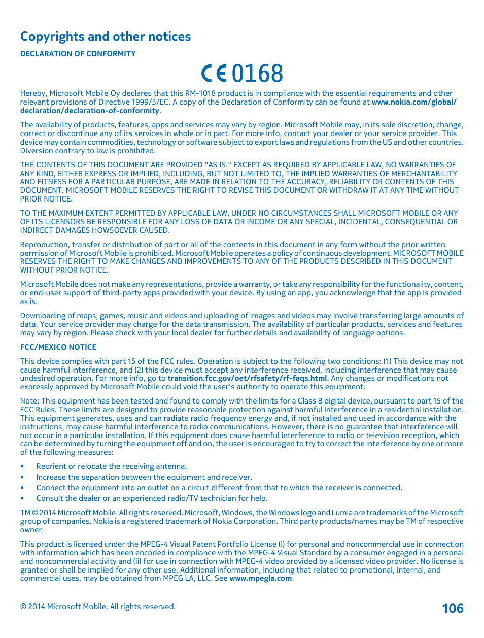Copyrights and other notices | Nokia Lumia 530 User Manual | Page 106 / 106