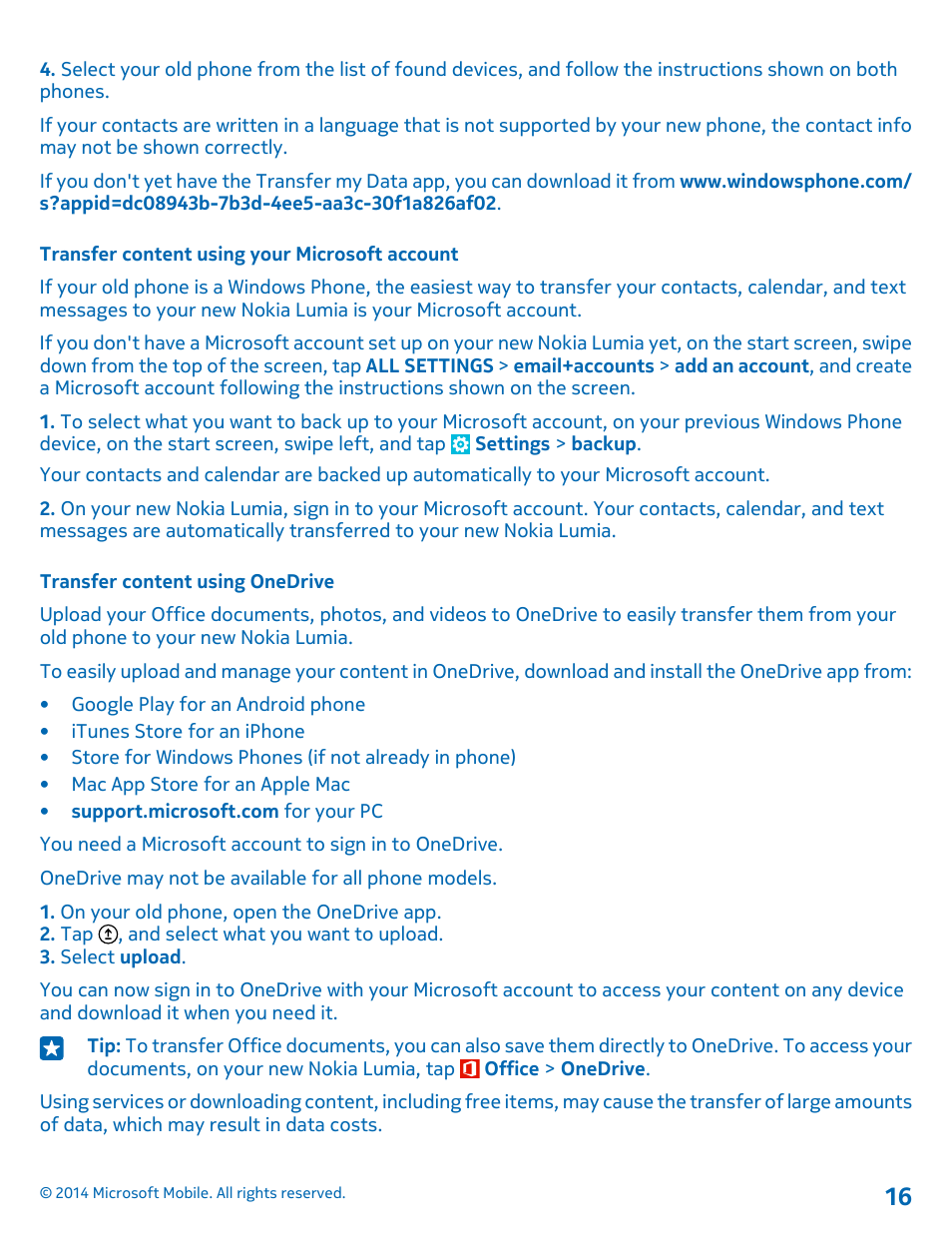 Transfer content using your microsoft account, Transfer content using onedrive | Nokia Lumia 530 User Manual | Page 16 / 106