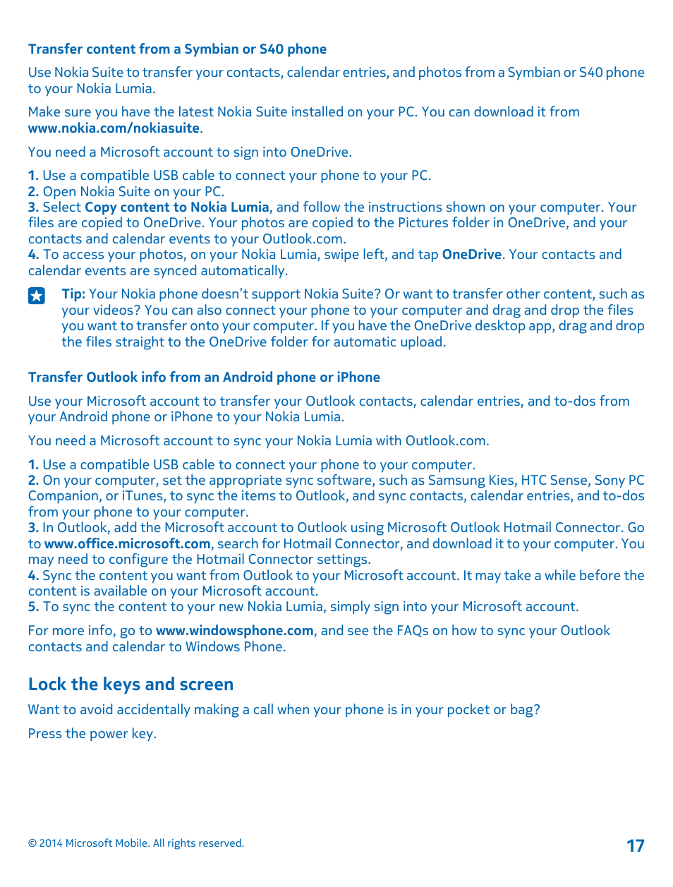 Transfer content from a symbian or s40 phone, Lock the keys and screen | Nokia Lumia 530 User Manual | Page 17 / 106