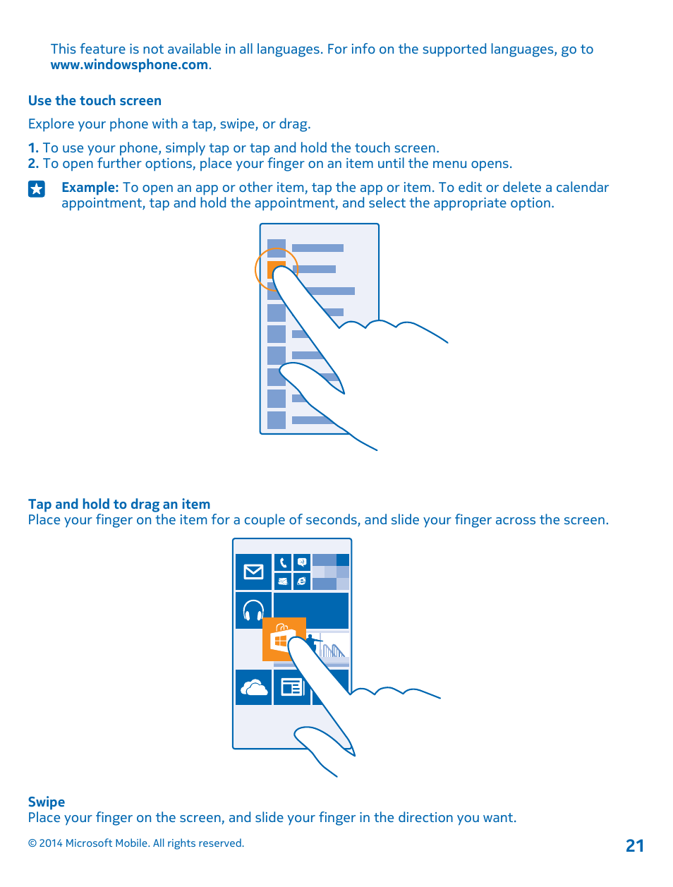 Use the touch screen | Nokia Lumia 530 User Manual | Page 21 / 106