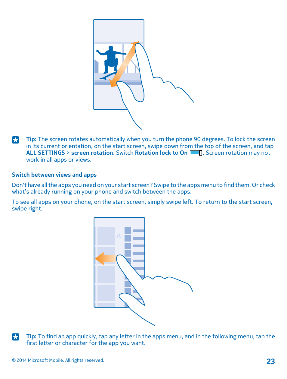 Switch between views and apps | Nokia Lumia 530 User Manual | Page 23 / 106