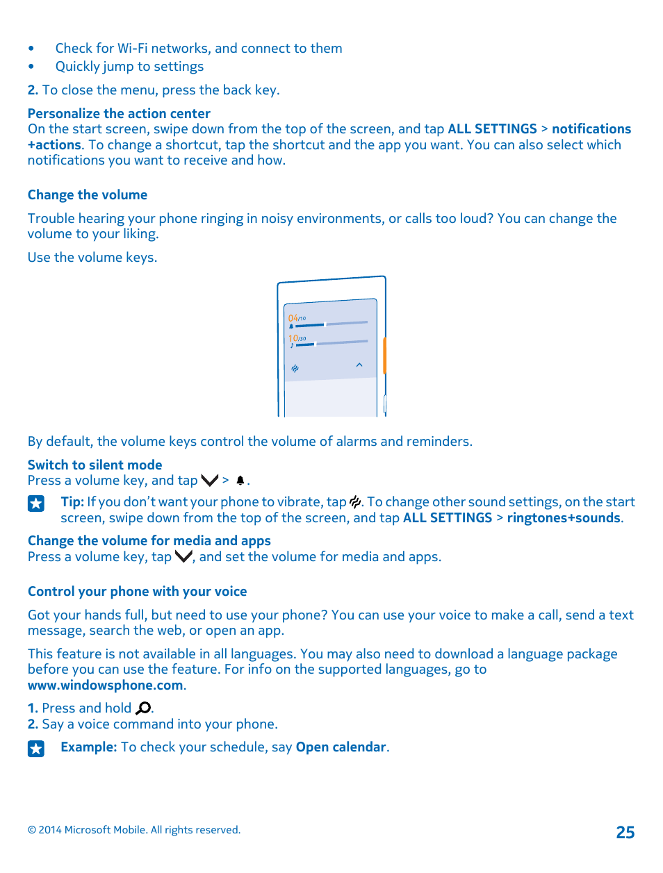 Change the volume, Control your phone with your voice | Nokia Lumia 530 User Manual | Page 25 / 106