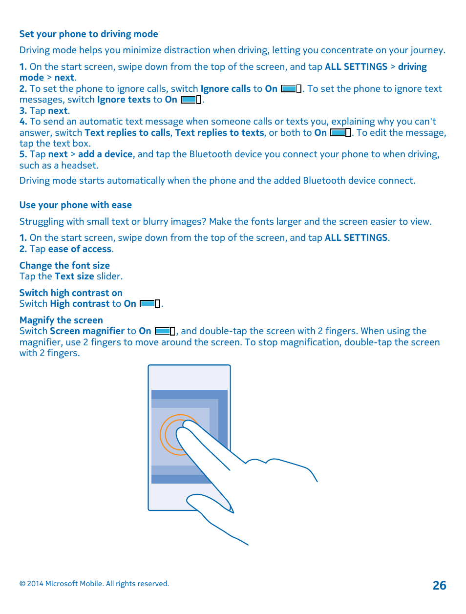 Set your phone to driving mode, Use your phone with ease | Nokia Lumia 530 User Manual | Page 26 / 106