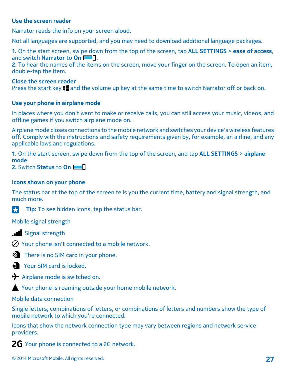 Use the screen reader, Use your phone in airplane mode, Icons shown on your phone | Nokia Lumia 530 User Manual | Page 27 / 106