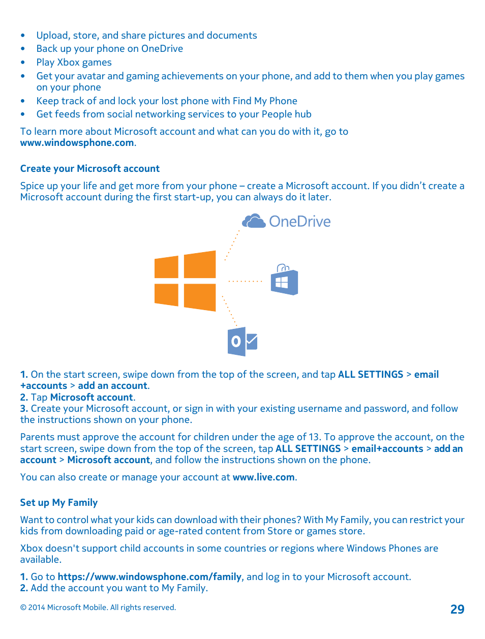 Create your microsoft account, Set up my family | Nokia Lumia 530 User Manual | Page 29 / 106