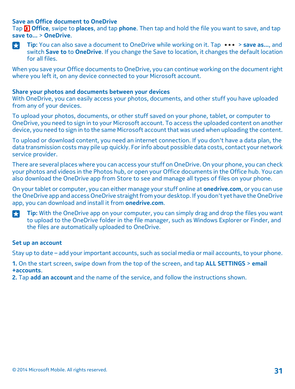 Set up an account | Nokia Lumia 530 User Manual | Page 31 / 106