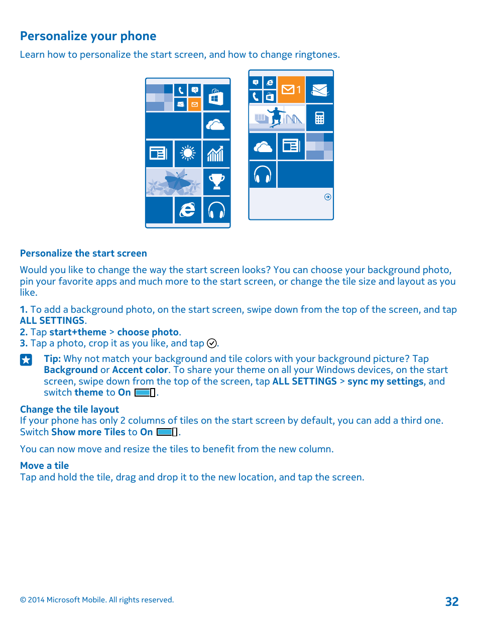 Personalize your phone, Personalize the start screen | Nokia Lumia 530 User Manual | Page 32 / 106