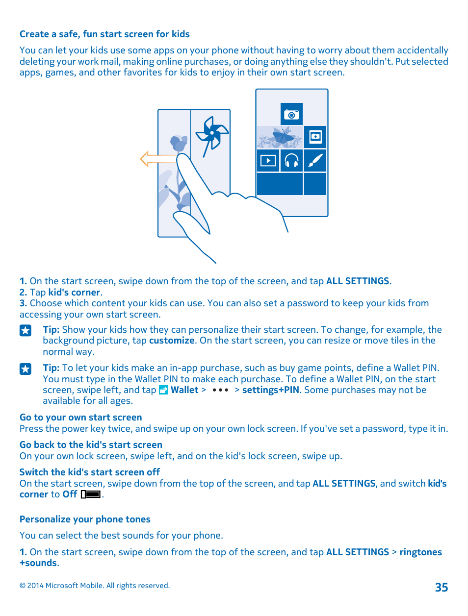 Create a safe, fun start screen for kids, Personalize your phone tones | Nokia Lumia 530 User Manual | Page 35 / 106