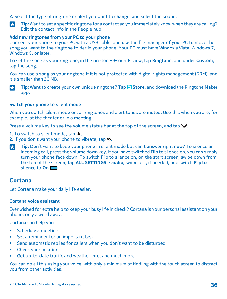 Switch your phone to silent mode, Cortana, Cortana voice assistant | Nokia Lumia 530 User Manual | Page 36 / 106