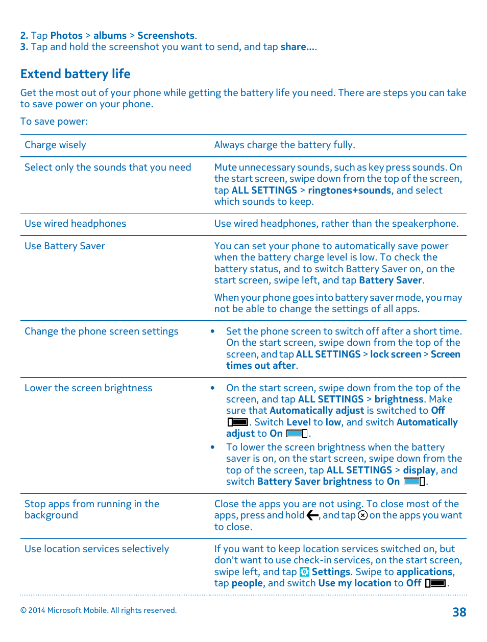 Extend battery life | Nokia Lumia 530 User Manual | Page 38 / 106