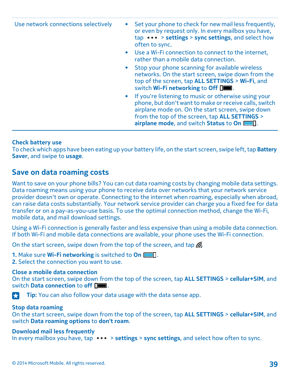Save on data roaming costs | Nokia Lumia 530 User Manual | Page 39 / 106