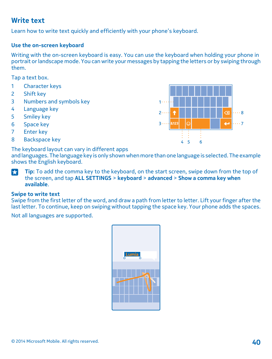 Write text, Use the on-screen keyboard | Nokia Lumia 530 User Manual | Page 40 / 106