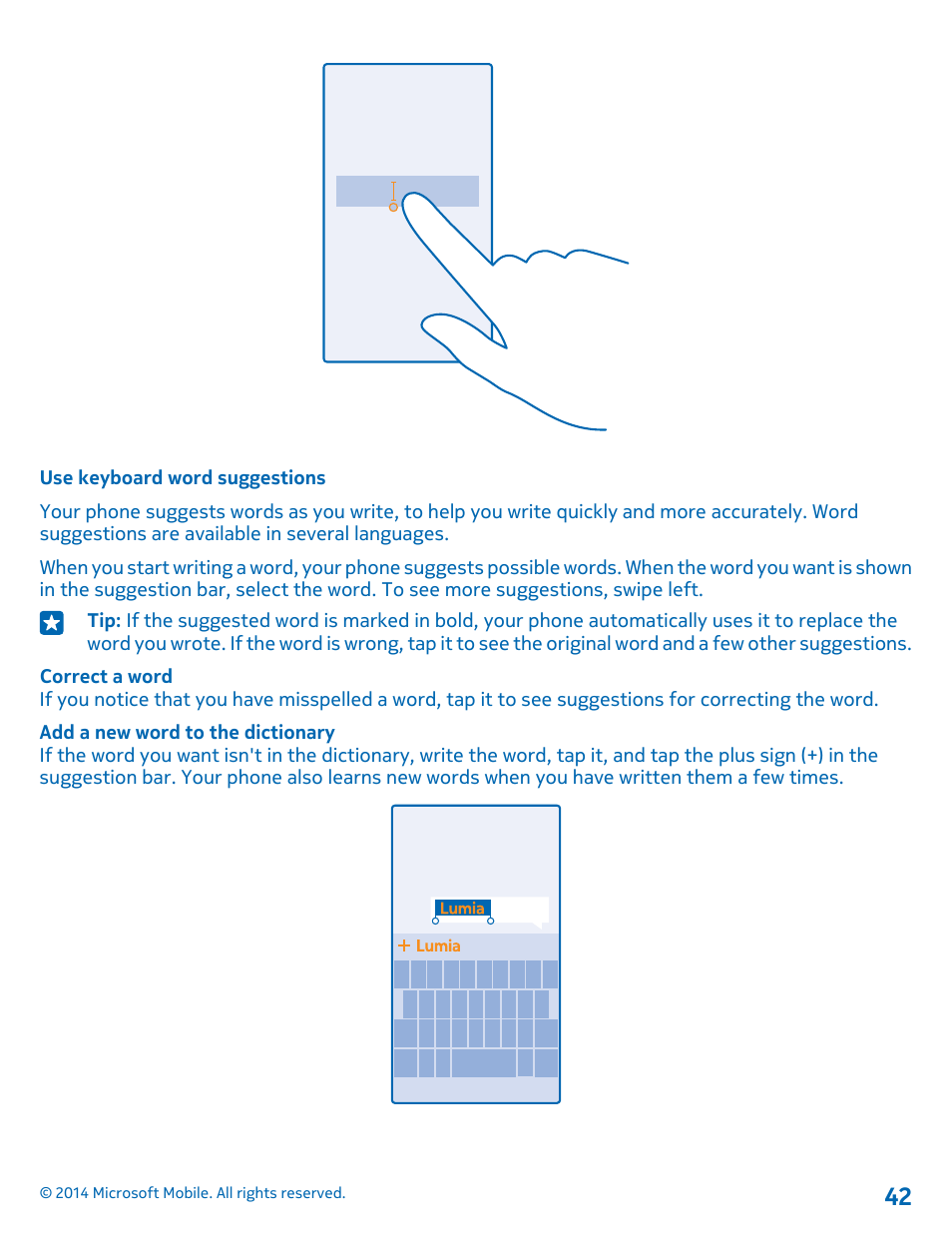 Use keyboard word suggestions | Nokia Lumia 530 User Manual | Page 42 / 106