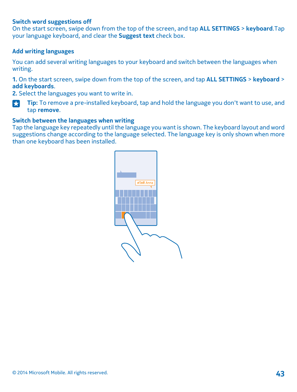 Add writing languages | Nokia Lumia 530 User Manual | Page 43 / 106