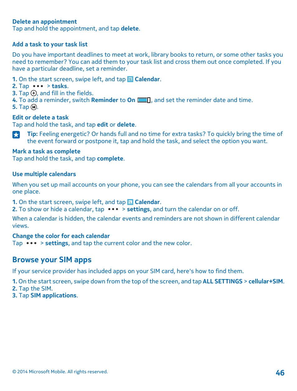 Add a task to your task list, Use multiple calendars, Browse your sim apps | Nokia Lumia 530 User Manual | Page 46 / 106