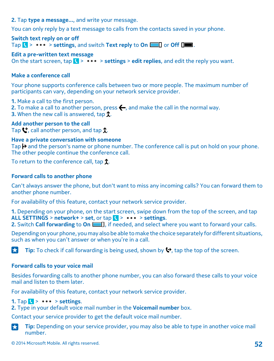 Make a conference call, Forward calls to another phone, Forward calls to your voice mail | Nokia Lumia 530 User Manual | Page 52 / 106