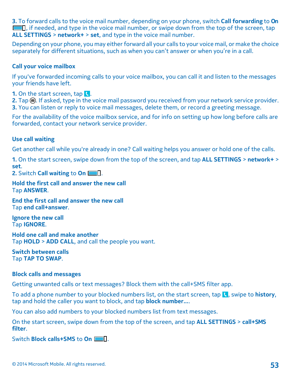 Call your voice mailbox, Use call waiting, Block calls and messages | Nokia Lumia 530 User Manual | Page 53 / 106