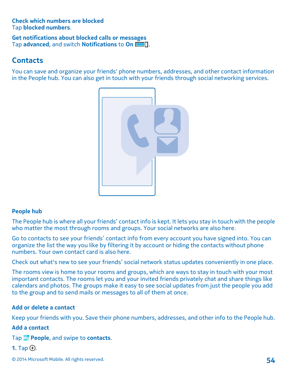 Contacts, People hub, Add or delete a contact | Nokia Lumia 530 User Manual | Page 54 / 106