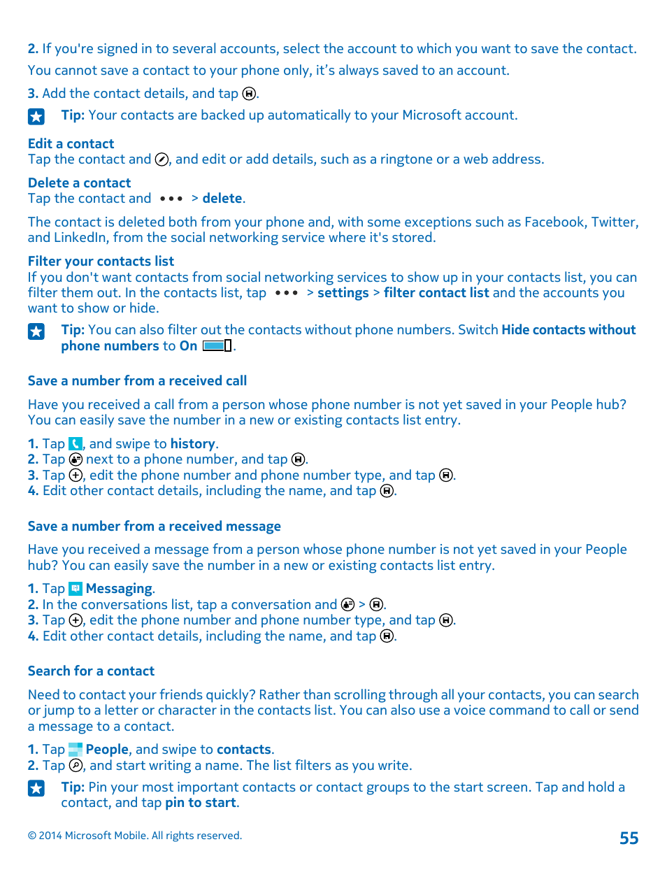 Save a number from a received call, Save a number from a received message, Search for a contact | Nokia Lumia 530 User Manual | Page 55 / 106