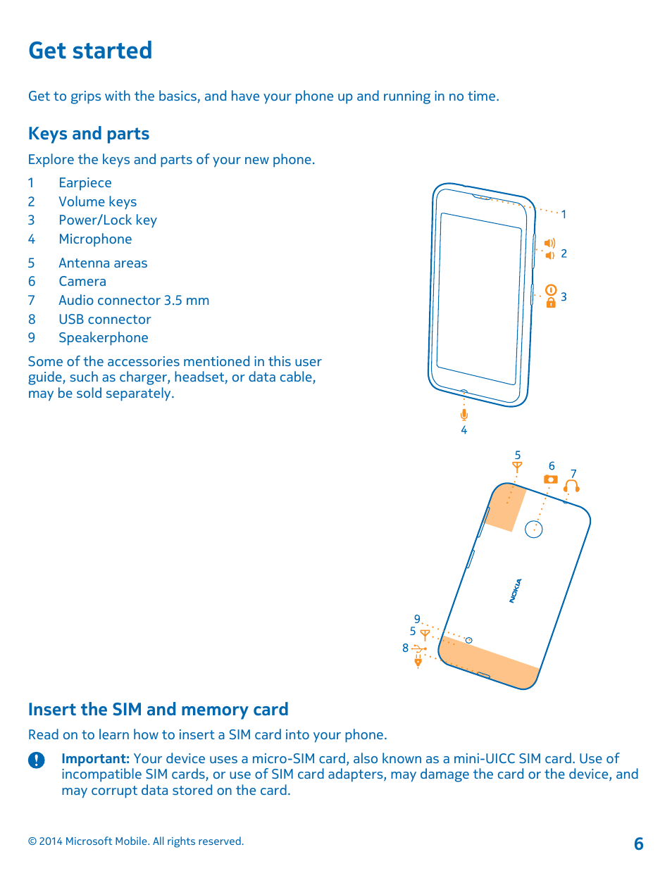 Get started, Keys and parts, Insert the sim and memory card | Nokia Lumia 530 User Manual | Page 6 / 106