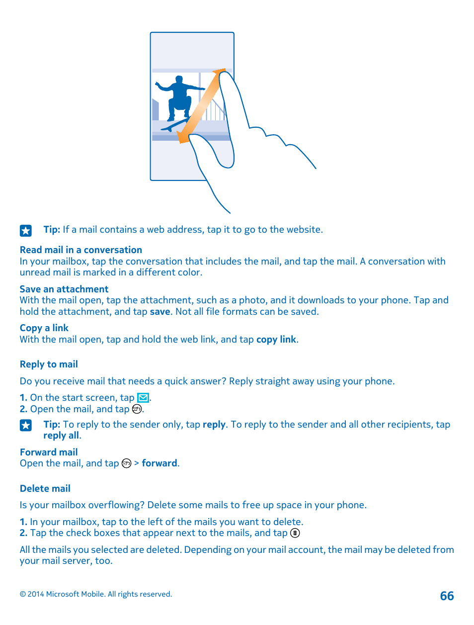 Reply to mail, Delete mail | Nokia Lumia 530 User Manual | Page 66 / 106