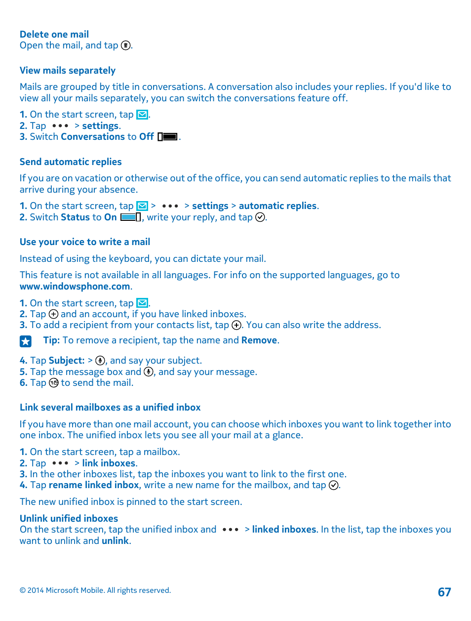 View mails separately, Send automatic replies, Use your voice to write a mail | Link several mailboxes as a unified inbox | Nokia Lumia 530 User Manual | Page 67 / 106