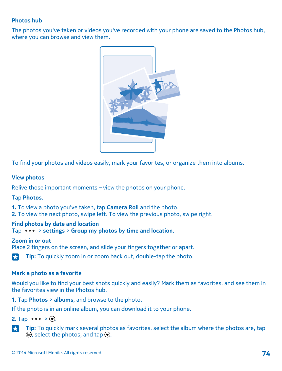 Photos hub, View photos, Mark a photo as a favorite | Nokia Lumia 530 User Manual | Page 74 / 106