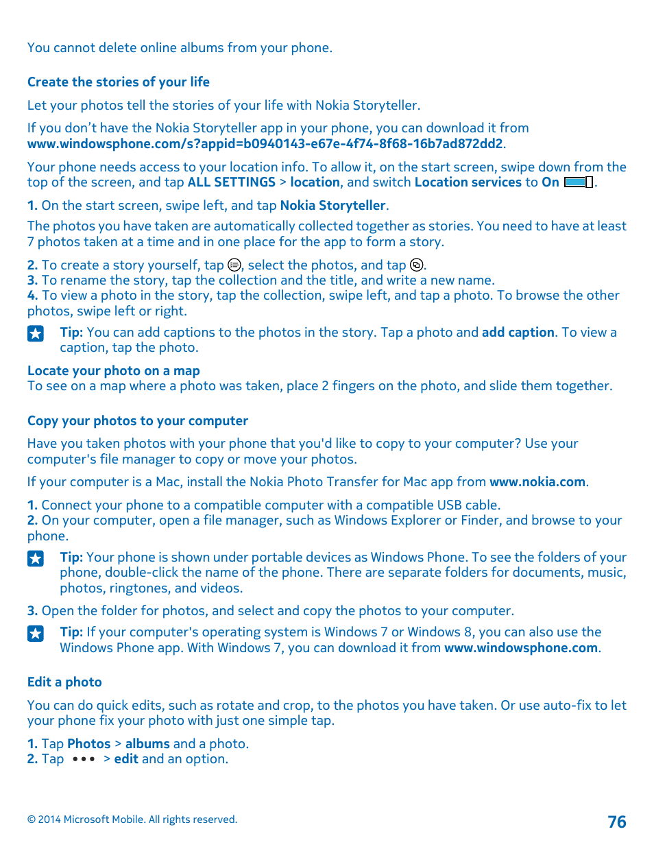 Create the stories of your life, Copy your photos to your computer, Edit a photo | Nokia Lumia 530 User Manual | Page 76 / 106