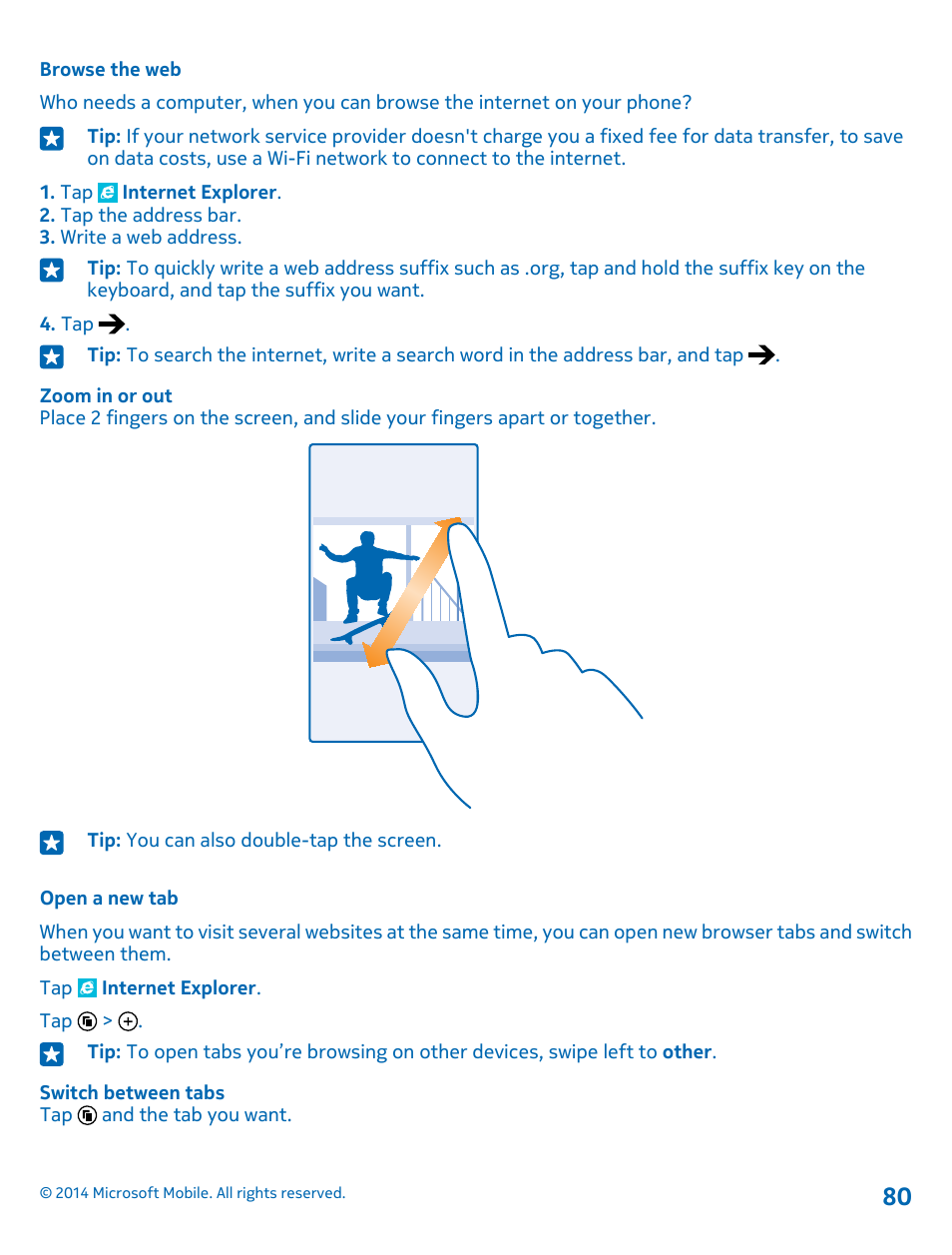 Browse the web, Open a new tab | Nokia Lumia 530 User Manual | Page 80 / 106