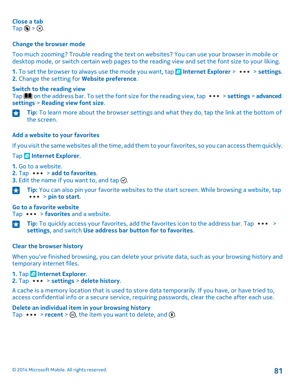 Change the browser mode, Add a website to your favorites, Clear the browser history | Nokia Lumia 530 User Manual | Page 81 / 106