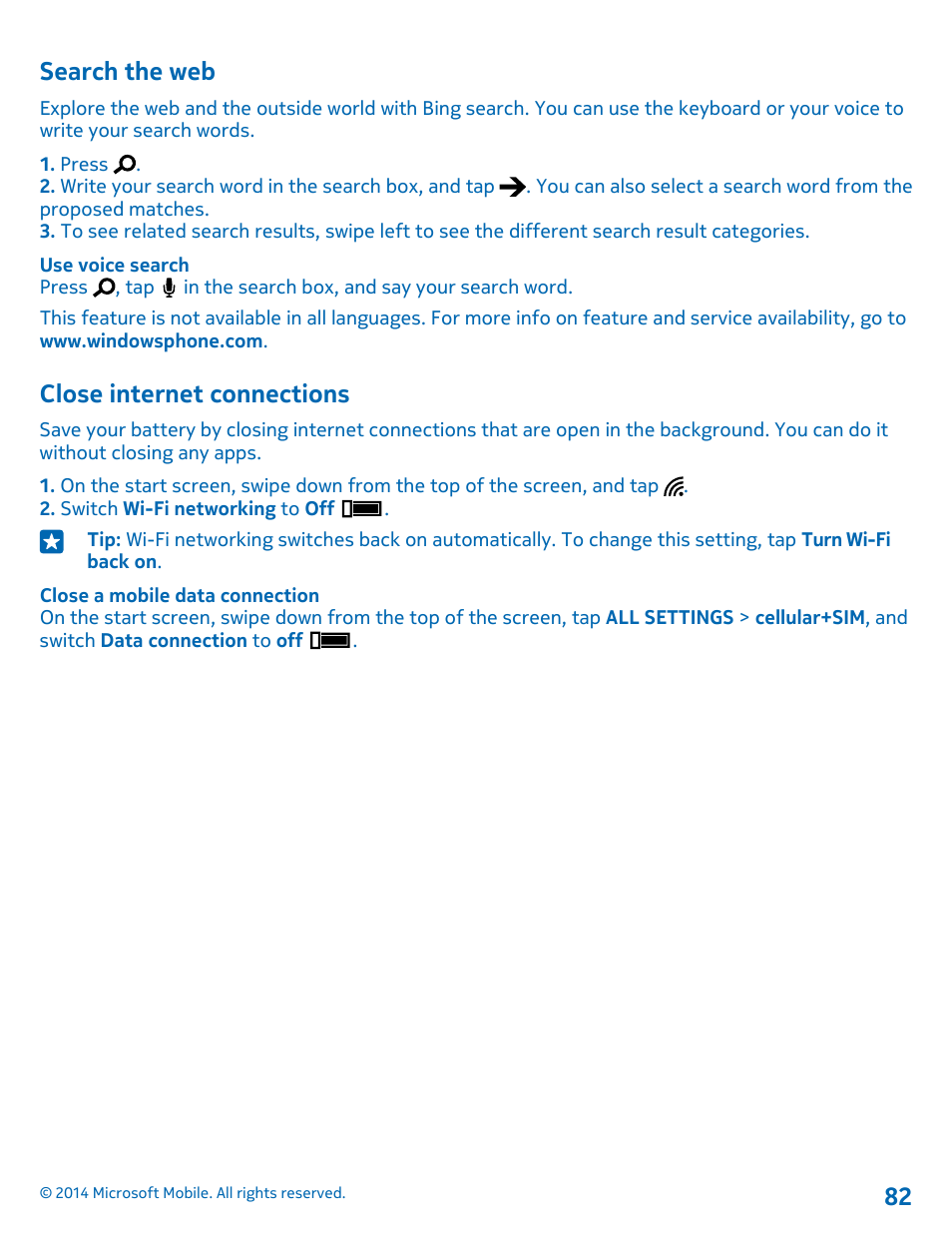 Search the web, Close internet connections | Nokia Lumia 530 User Manual | Page 82 / 106