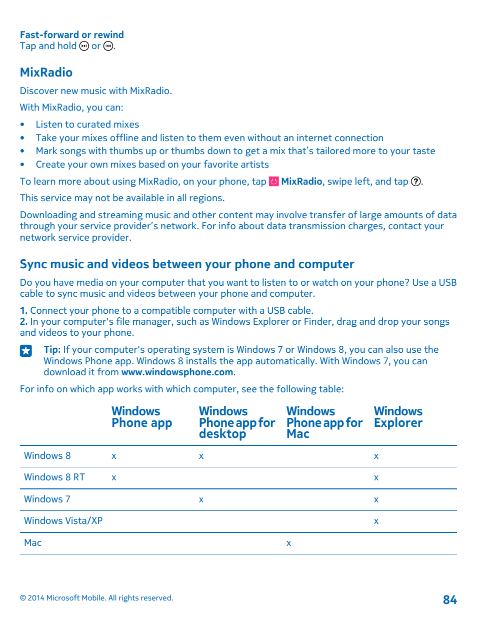 Mixradio, Sync music and videos between your, Phone and computer | Nokia Lumia 530 User Manual | Page 84 / 106