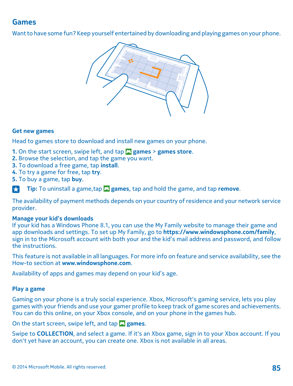 Games, Get new games, Play a game | Nokia Lumia 530 User Manual | Page 85 / 106