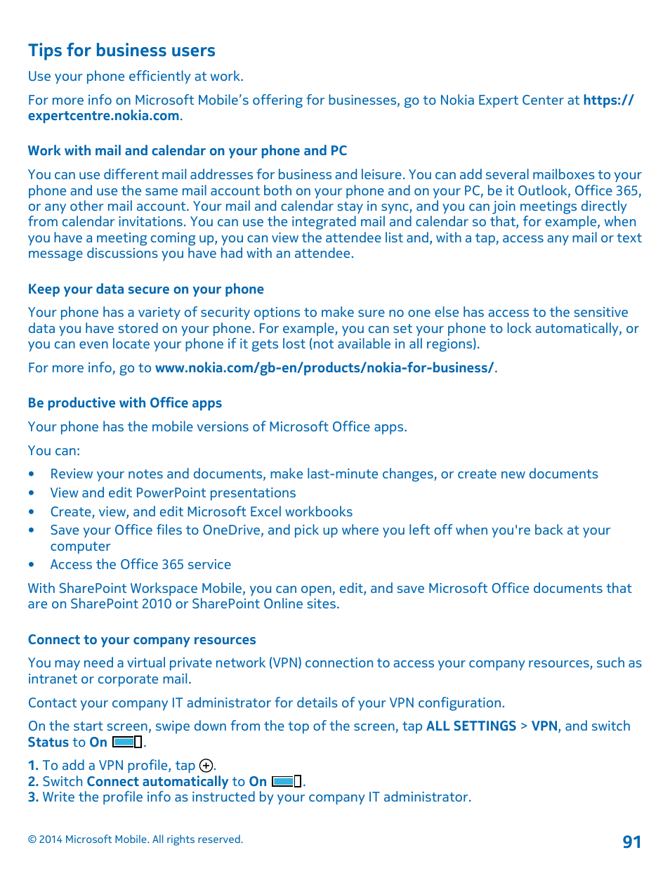 Tips for business users, Work with mail and calendar on your phone and pc, Keep your data secure on your phone | Be productive with office apps, Connect to your company resources | Nokia Lumia 530 User Manual | Page 91 / 106